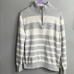 Tommy Hilfiger Men's Striped Zip-Up Sweater in Gray and White
